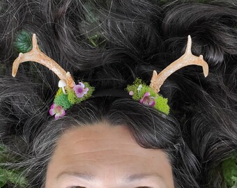 Resin Antler Headdress: Pink Flowers & Mushrooms Cosplay Headband