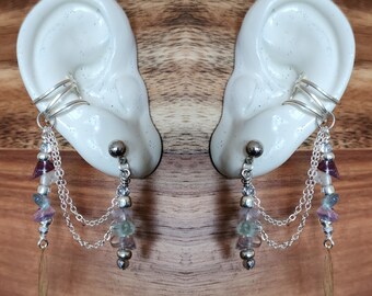Regenbogen Fluorit Ohrstecker zu Armreif - Edelstahl & versilberte Kette - Handgemachter Schmuck