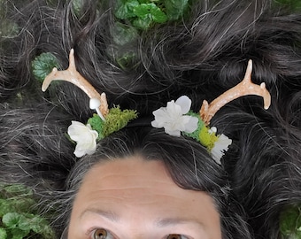 Resin Antler Headdress: White Flowers & Mushrooms Cosplay Headband