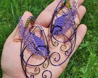 Wings Dark Purple and Green Elf Ear Cuff, Cosplay, Ear Cuff, Clip On Earring, Wood Elf, Fairies, Fantasy Wedding,