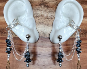 Schnee-Onyx-Ohrring-Manschette: Versilberte Edelstahlkette