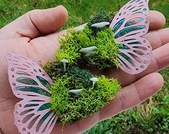 Rose Gold color Butterfly Moss and Glow in the Dark Mushrooms Hair Clips, Glow Mushroom Barret,  Cottage Core