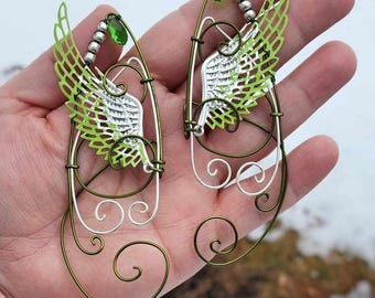 Valkyrie Wings Elf Ear Cuffs: Olive Green Silver Cosplay Ear Clip