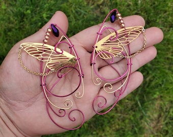 Butterfly Wings Dark Pink and Gold Cuff, Cosplay, Ear Cuff, Clip On Earring, Wood Elf, Fairies, Fantasy Wedding,