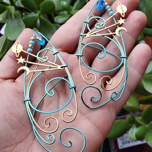 Cosplay Elf Ear Cuffs: Ice Blue & Gold Planet, Moon, Stars