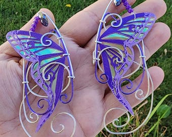 Silver Purple Luna Moth Elf Ear Cuffs