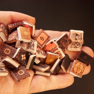 Puppenhaus Miniaturbücher Set von 30 Stück. Handwerker-Puppenbuch Bibliothek. 1/12 Miniatur im Steampunk Gothic Horror Vintage Stil