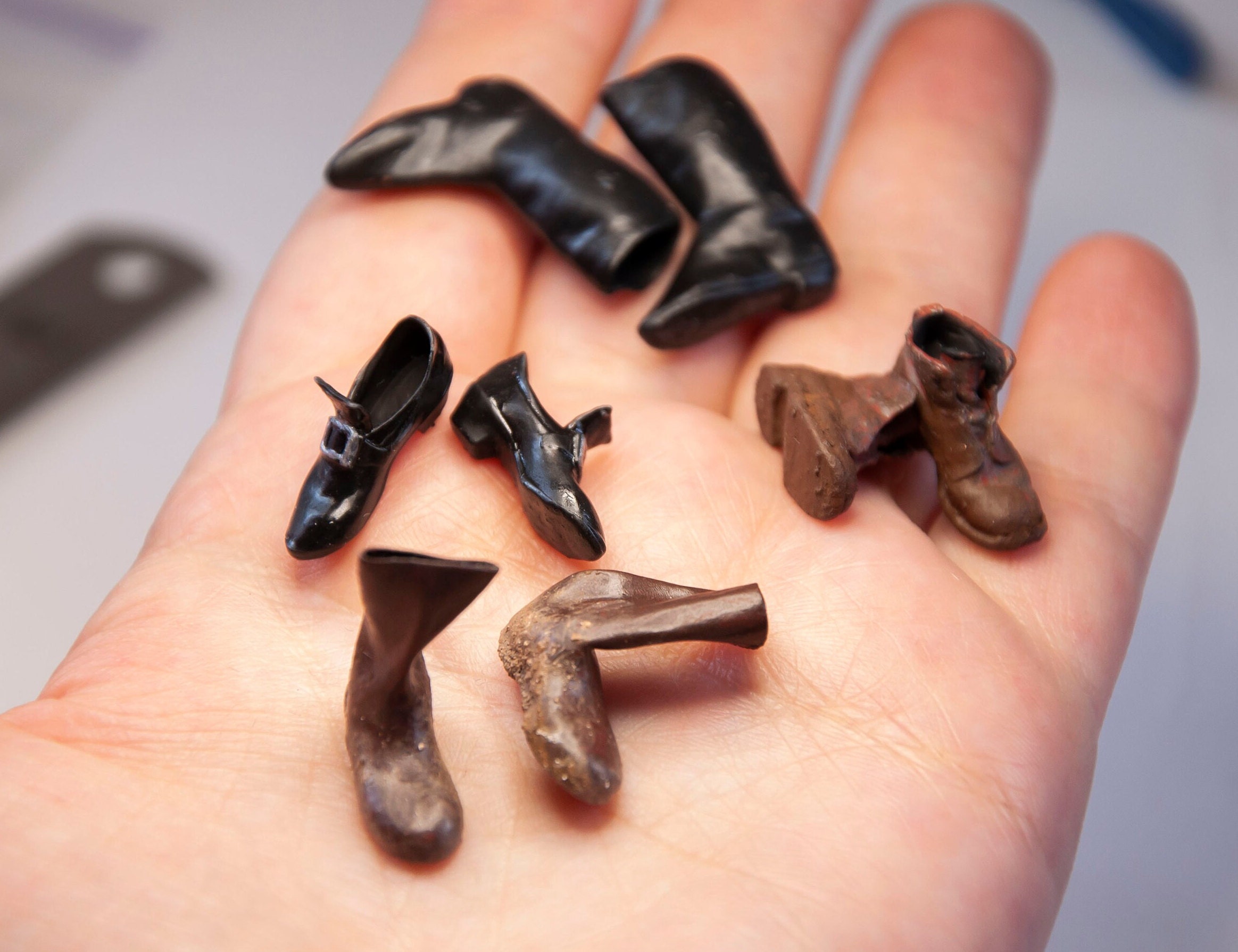 Set of miniature Boots (4 pairs). Artisan doll house creepy 1/12 scale miniatures in steampunk gothic horror vintage realistic style