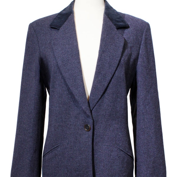 Karl Lagerfeld KL Vintage 1990s Blazer Single Button Jacket Blue Wool Velvet Collar Nineties Long Minimalist Coat Made in Germany Size Large