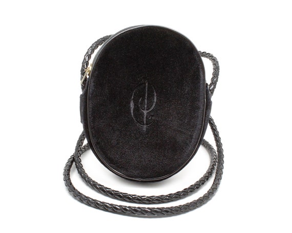 Cesare Piccini Vintage 1960s Crossbody Handbag Oval Shape Black Cut Velvet Purse Embossed Logo Long Leather Braided Strap Made in Italy Etsy