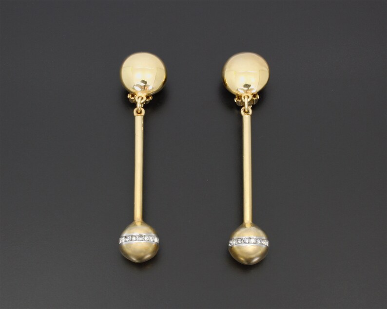 Courreges Paris Vintage 1980s Clip On Earrings Drop Dangle Gold-Tone Metal Modern Rhinestone Accents Cocktail Costume Jewelry France