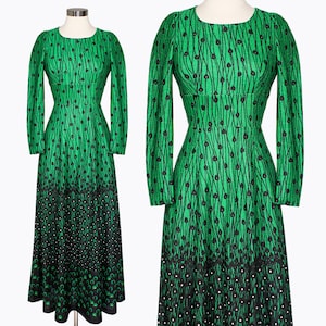 Kaisu Heikkila Oy Vintage Dress Full Maxi Style Green Floral Scandinavian Print 60s 70s Finnish Boho Bohemian Made in Finland Size Small