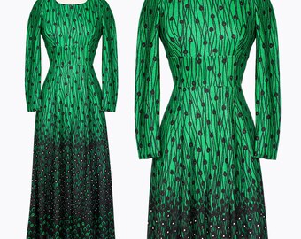 Sukienka vintage Kaisu Heikkila Oy w stylu maxi, zielona, z kwiatowym wzorem w stylu skandynawskim, lata 60. i 70., fińska, boho, boho, wyprodukowana w Finlandii, rozmiar S