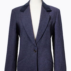Karl Lagerfeld KL Vintage 1990s Blazer Single Button Jacket Blue Wool Velvet Collar Nineties Long Minimalist Coat Made in Germany Size Large