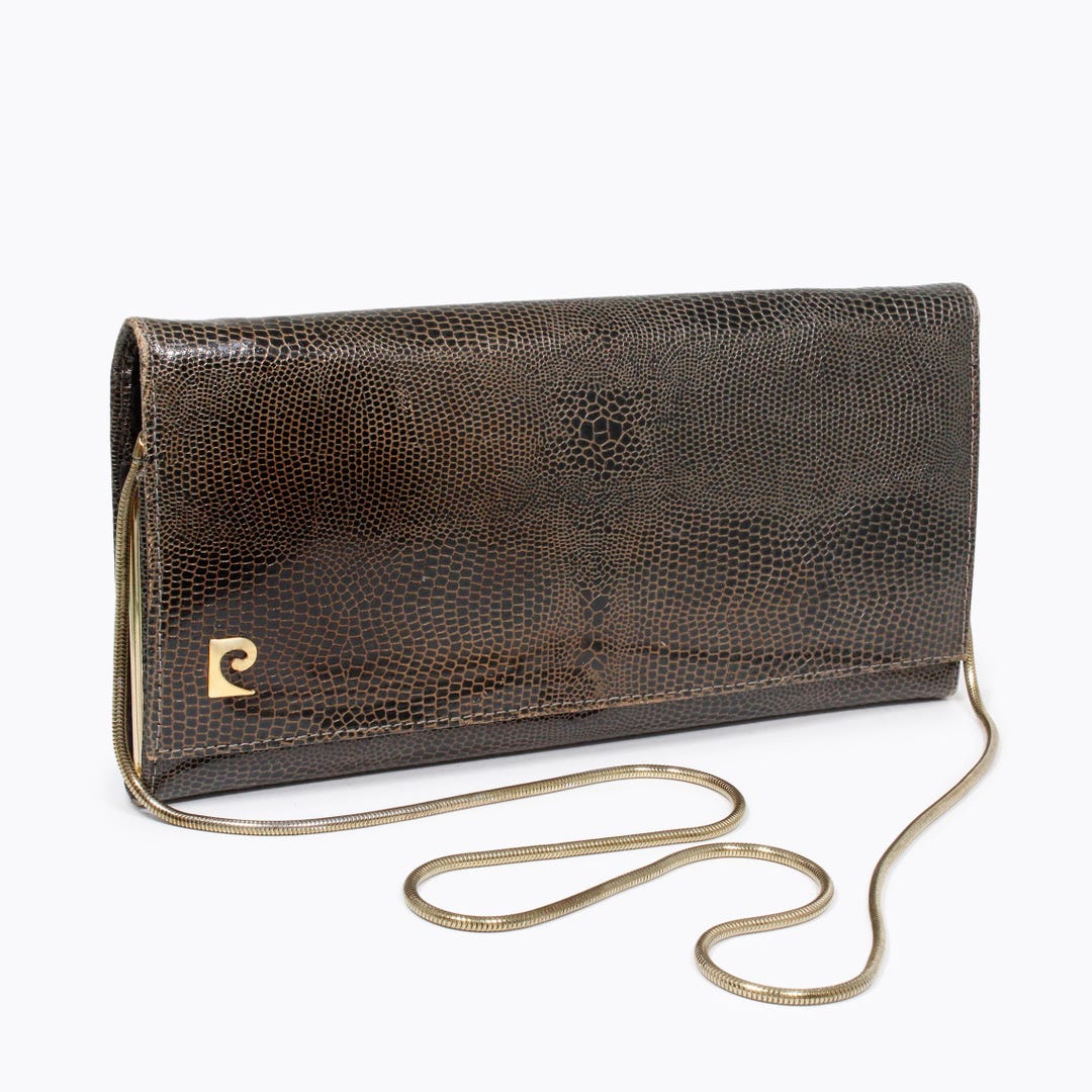 Pierre Cardin Vintage 1970s Handbag Clutch Style Olive Brown Lizard Leather With Gold tone Snake Chain Detachable Strap French Designer Bag Etsy Canada