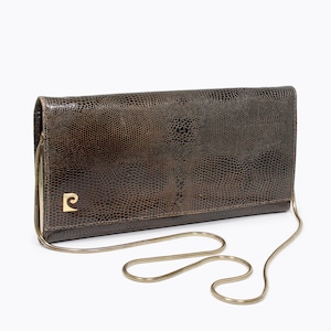 Pierre Cardin Vintage 1970s Handbag Clutch Style Olive Brown Lizard Leather with Gold-Tone Snake Chain Detachable Strap French Designer Bag