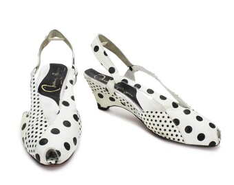 Maud Frizon Vintage 1970s Shoes Open Peep Toe Style Black and White Polka Dot Leather Slingback Heel French Designer Made in France Size 6.5