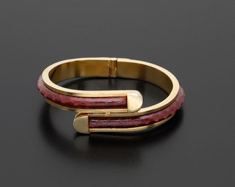 Sleek Vintage Bracelet Hinged Cuff Style Gold-Tone Metal with Wine Red Snakeskin Substantial Slim Cuff Design Retro Luxe Costume Jewlery