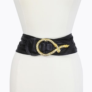 Dazzling Vintage Belt Rhinestone Snake Accent Gold-Tone Metal Black Leather Wide Cinch Statement 1980s Runway Belt Chain Clasp One Size