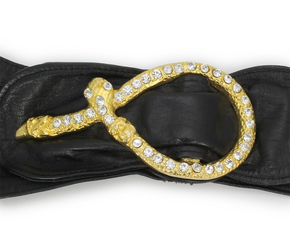 80s Bling Rhinestone Buckle with Snakeskin Strap Onyx Rhinestone Buckle Belt 25-29 main image 3
