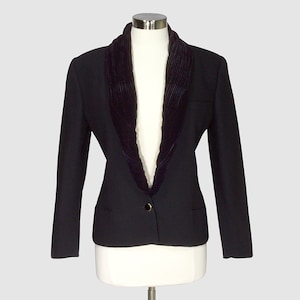 Istante by Versace Vintage 1990s Blazer Evening Jacket Black Rayon Wool Blend with Rolled Velvet Shawl Collar Made in Italy Size Small image 1