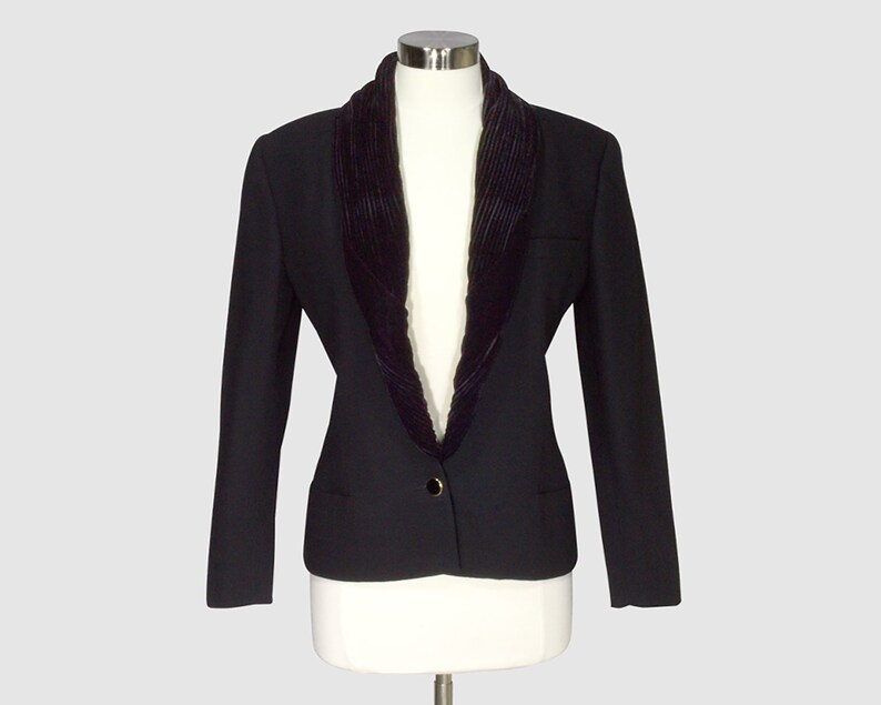 Istante by Versace Vintage 1990s Blazer Evening Jacket Black Rayon Wool Blend with Rolled Velvet Shawl Collar Made in Italy Size Small image 1