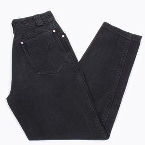 Gianni Versace Vintage High Rise Jeans Black Denim High Waisted Tapered Pegged Design Medusa Snaps Rivets 80s 90s Made in Italy Size Small