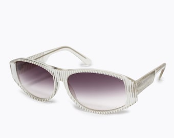 Sunshade Vintage Sunglasses Transparent Clear Acetate Plastic with White Ribbed Stripes 80s 90s Wrap Design Unisex Retro Shades