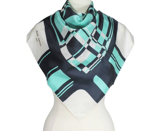 Jean Patou Vintage 1960s Scarf Turquoise White Sil