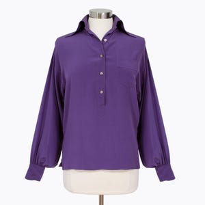 Chloé Paris Vintage Bluse Button Front Pullover Aubergine Lila Seide Geraffte Ärmel 1990s Französisches Designer Top Made in France Grösse Medium