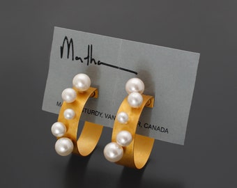 Martha Sturdy Vintage 1990s Earrrings Statement Hoops 24K Gold Plate Matte Metal with Faux Pearls Design Canadian Artist Made in Canada