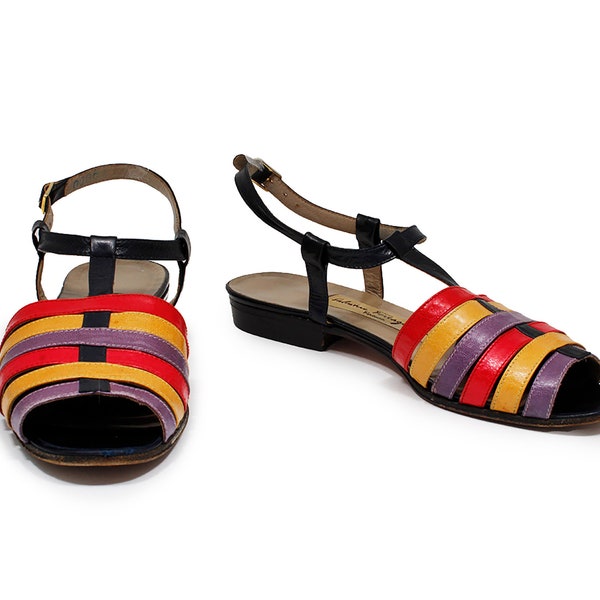 Salvatore Ferragamo Vintage 1980s Shoes Sandals Red Yellow Purple Leather Slingback Open Toe Style Made in Italy Size  4.5