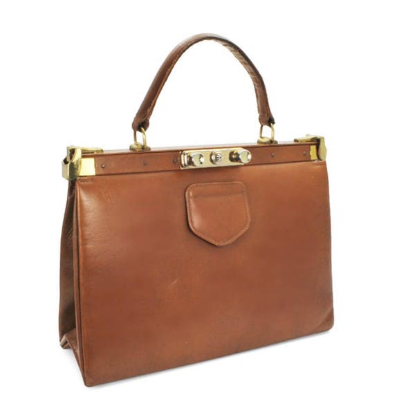 Fassbender vintage années 1960 Sac à main structuré Brown Leather Top Handle Purse avec Brass Hardware MCM Fassbender de London Bag Made in England