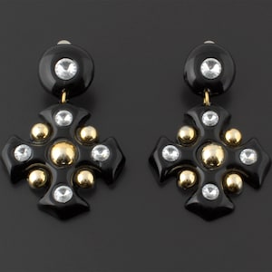 Regal Vintage Earrings Clip On Dangle Black Resin Plastic with Gold Studs and Rhinestones 90s Drop Dangle Design Statement Costume Jewelry