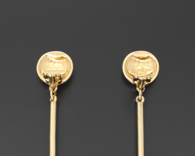Courreges Paris Vintage 1980s Clip On Earrings Drop Dangle Gold-Tone Metal Modern Rhinestone Accents Cocktail Costume Jewelry France