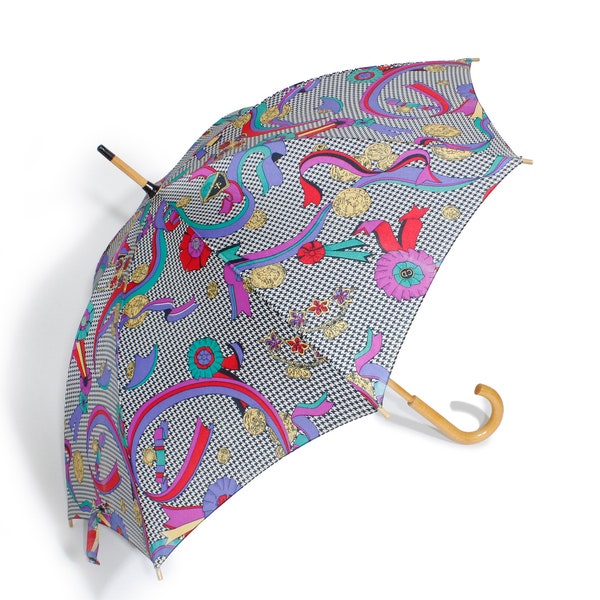Christian Dior Vintage 1980s Umbrella CD Ribbons Coins Nylon Print Wood Handle Full Size Umbrella Rain Gear Designer Parasol Sunshade