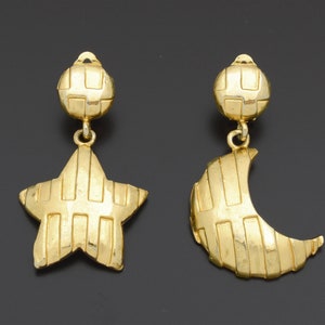Celestial Vintage Earrings Clip On Style Gold-Tone Metal Mismatched Star Moon Astral Design Drop Dangle Style Retro Costume Jewelry