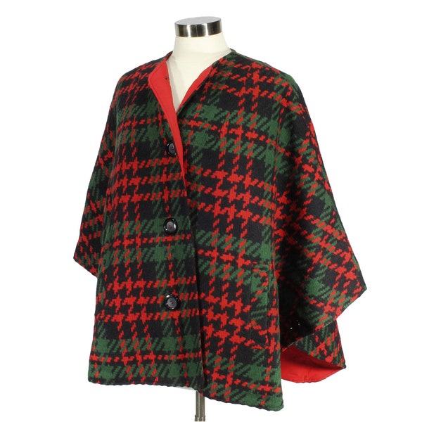 I. Magnin Vintage 1960s Cape Red Green Plaid Check Poncho Jacket Textured Wool Fabric I. Magnin San Francisco Private Label One Size OS