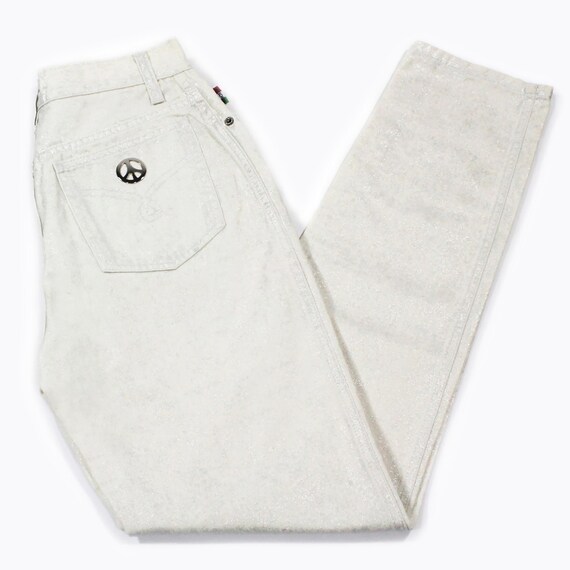Franco Moschino Vintage Boyfriend Jeans Platinum Metallic Denim High Waisted Pants Peace Symbol Accent 90s Designer Made in Italy Size Small