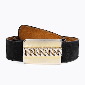 Joseph Magnin Co. Vintage Belt Jeans Style Black Suede with Silver Gold Chain Buckle 1970s Unisex Retro Accessory Made in Italy Size Large
