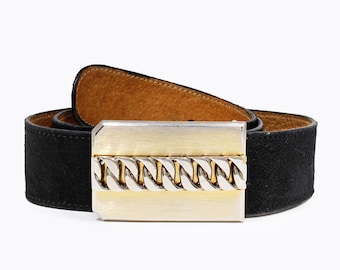 Joseph Magnin Co. Vintage Belt Jeans Style Black Suede with Silver Gold Chain Buckle 1970s Unisex Retro Accessory Made in Italy Size Large
