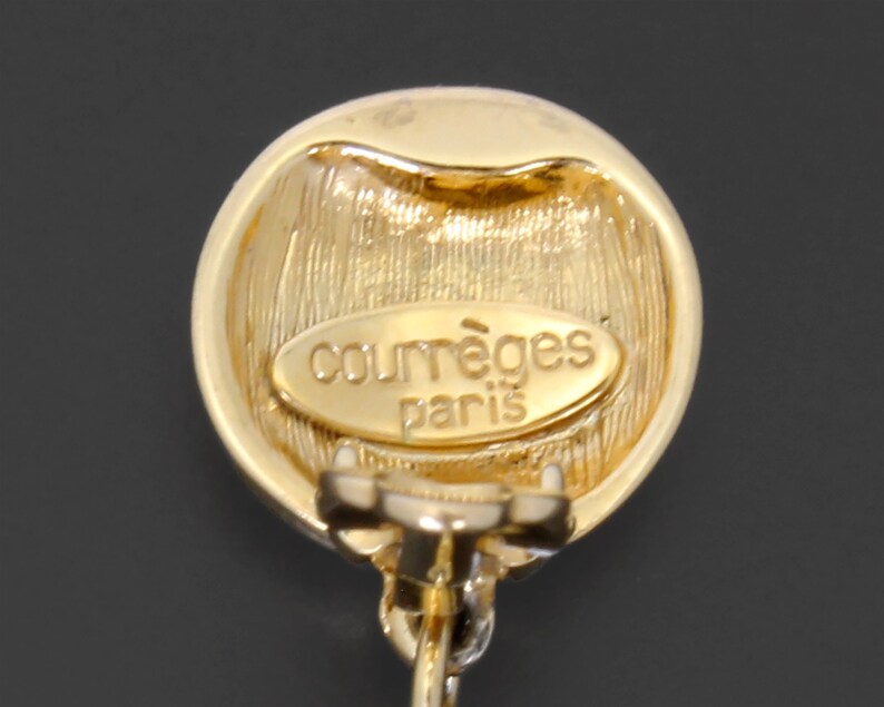 Courreges Paris Vintage 1980s Clip On Earrings Drop Dangle Gold-Tone Metal Modern Rhinestone Accents Cocktail Costume Jewelry France