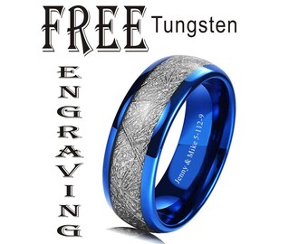 Tungsten Blue Silver Meteorite  Personalized Tungsten Doom Ring Band, Wedding Engagement Ring, Custom Couple Rings-Wide 8mm
