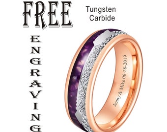 Tungsten Rose Gold Purple Agate Meteorite  Arrow Inlay Custom Personalized Wedding Engagement Promise Ring Band- 8mm
