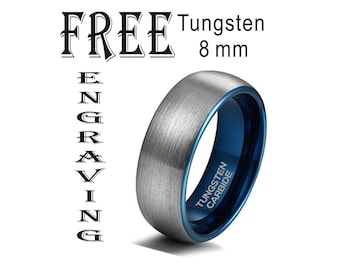 Tungsten Brushed Silver Blue Personalized Blue Silver Tungsten Ring , Tungsten Two Tone, Men Ring, Custom Couple Rings-Wide 8mm