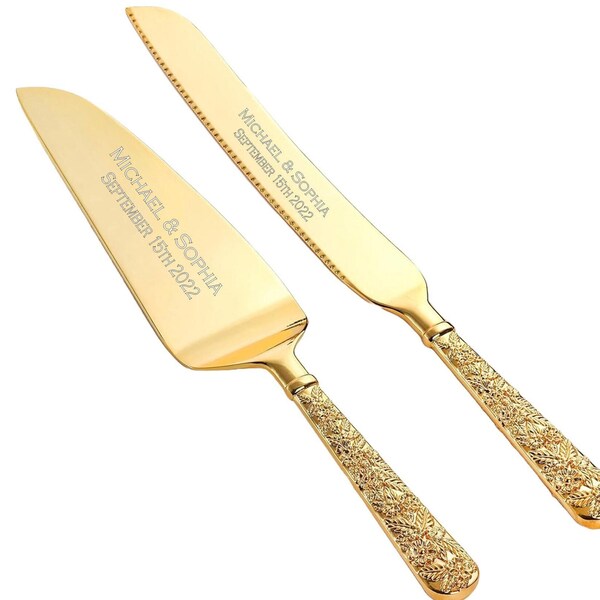 Personalized Wedding CAKE SERVE SET Cake Cutter Cutting Knife Serving Server Knives Custom Engraved Anniversary Cake Server Set Gold Knife