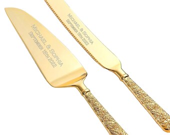 Personalized Wedding CAKE SERVE SET Cake Cutter Cutting Knife Serving Server Knives Custom Engraved Anniversary Cake Server Set Gold Knife