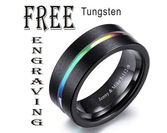 Black Rainbow Tungsten Ring, Personalized Black Rainbow Groove Tungsten Ring Black  Promised Ring Wedding Ring -Wide 8mm