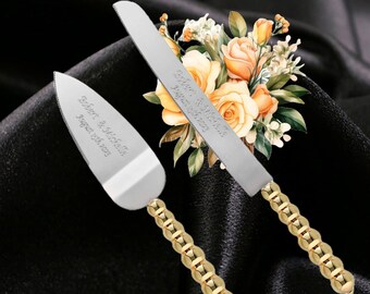 Personalized Wedding CAKE CUTTING SET Gold Beaded Cutter Knife Serving Server  Custom Engraved Vintage Cake Set Knife Anniversary Gift