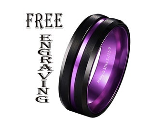 Purple Black Tungsten Personalized Tungsten Black Purple Groove Center Two Tone, Men Ring, Tungsten Rings-Wide 8mm